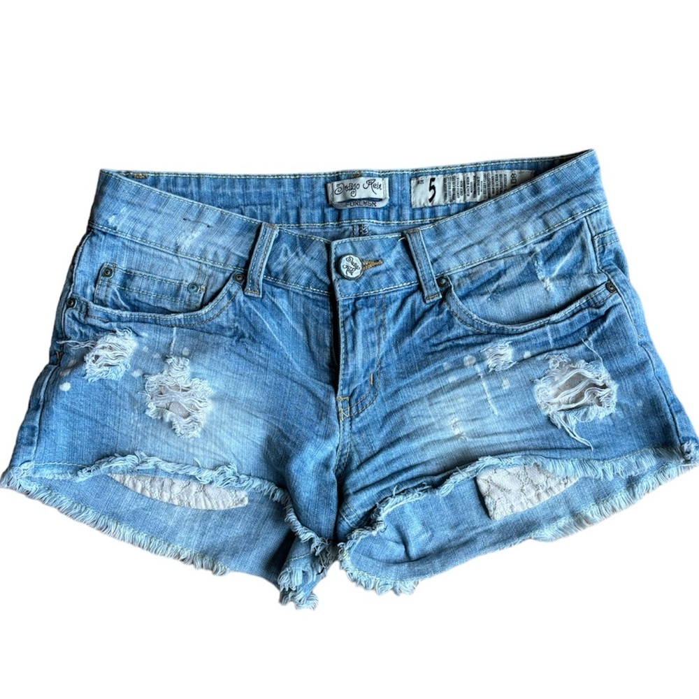Vintage Y2K Indigo Rein Light Wash Coquette Denim Mini Distressed Shorts size 5
